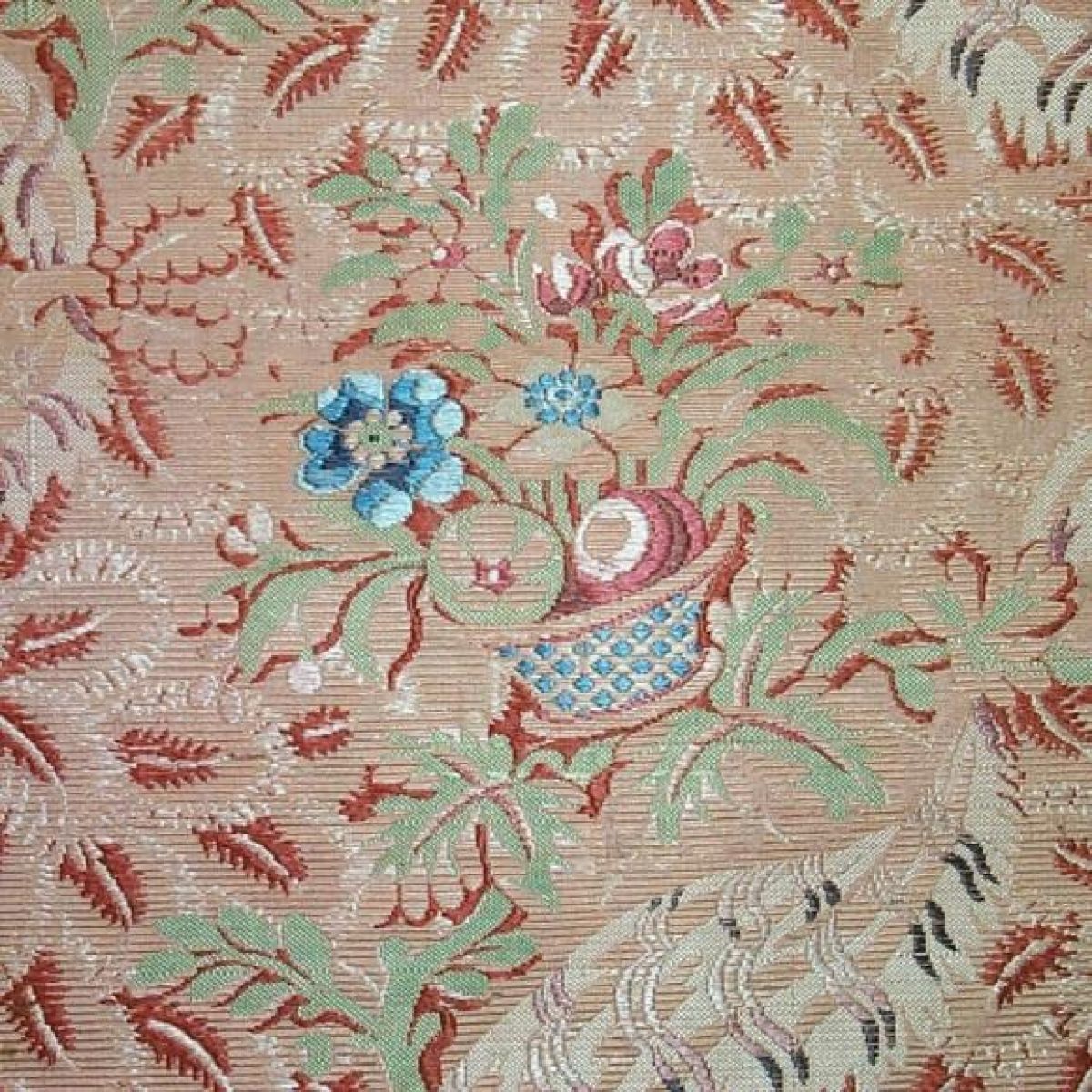 French, mid 18th century, silk brocade, pink ground with baskets ...